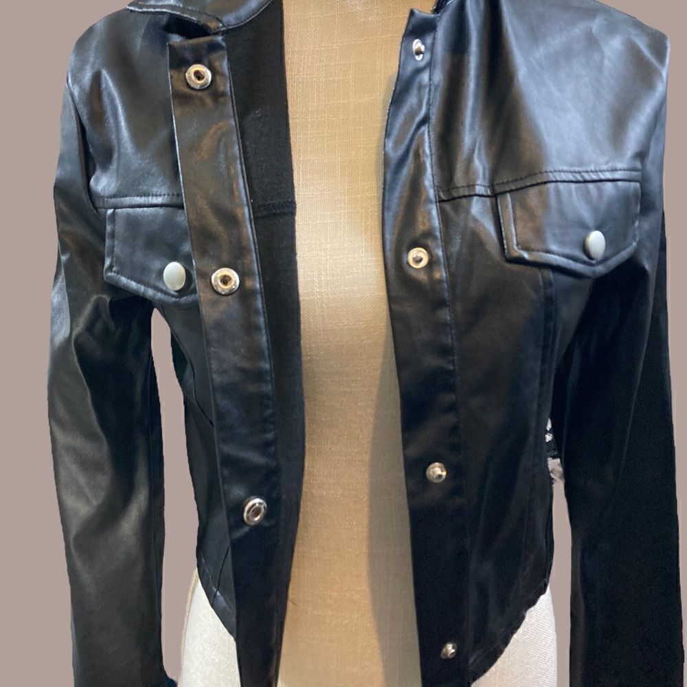 Black Faux Leather Cropped Button Down Lightweight Jacket - Picture 5 of 13